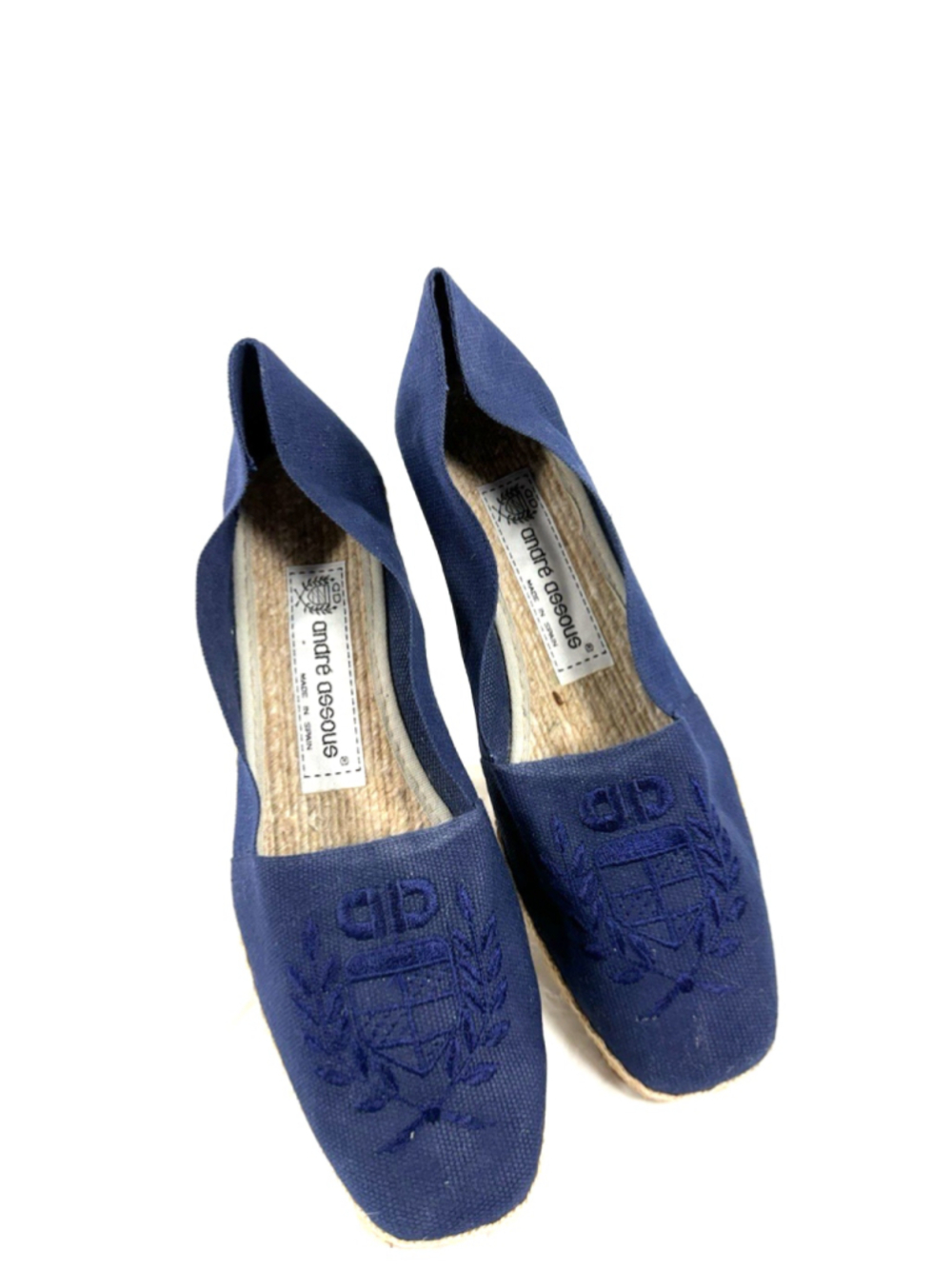 Andre Assous Navy Blue Embroidered Wedge Shoe Womens Sz 7 M